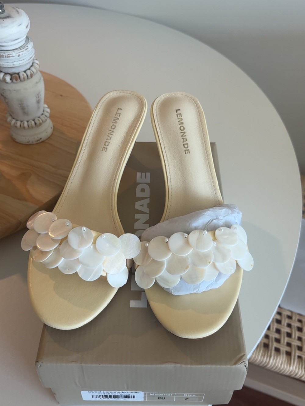 Lemonade Cream Embellished Slide Heels